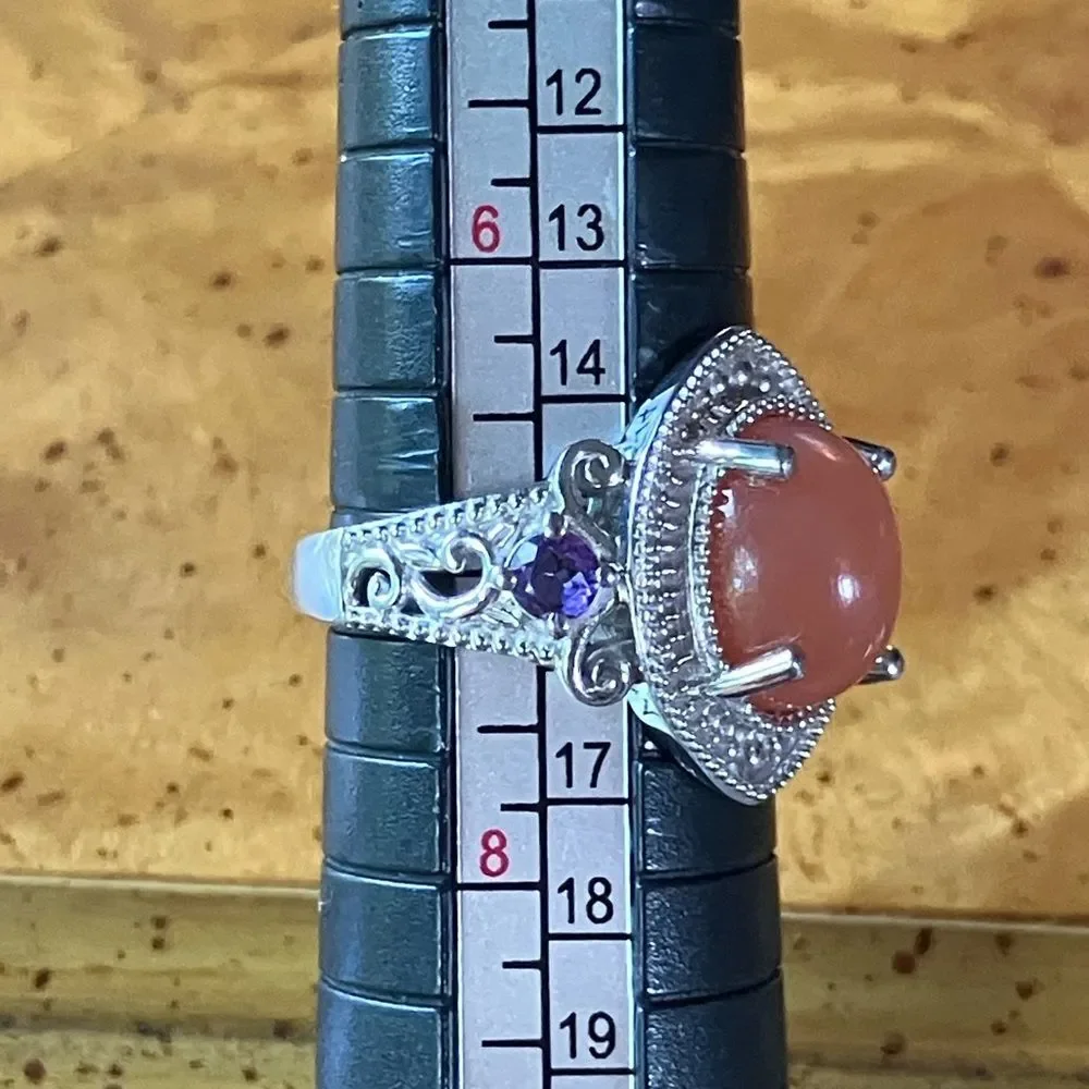 Natural Peach Moonstone African Amethyst Sterling Silver Ring Size 7